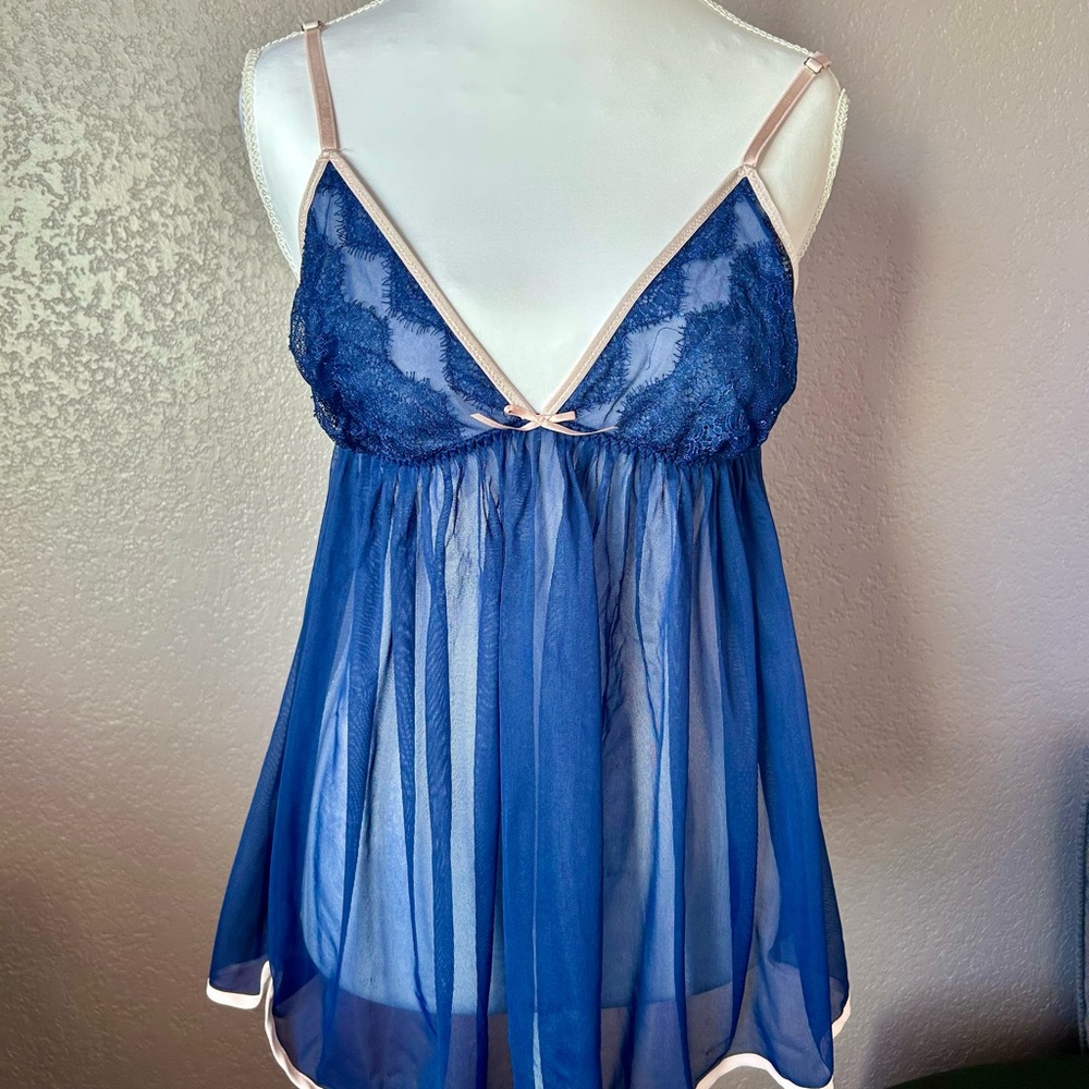 Victoria's Secret Navy Blue Sheer Lace Babydoll with Blush Straps